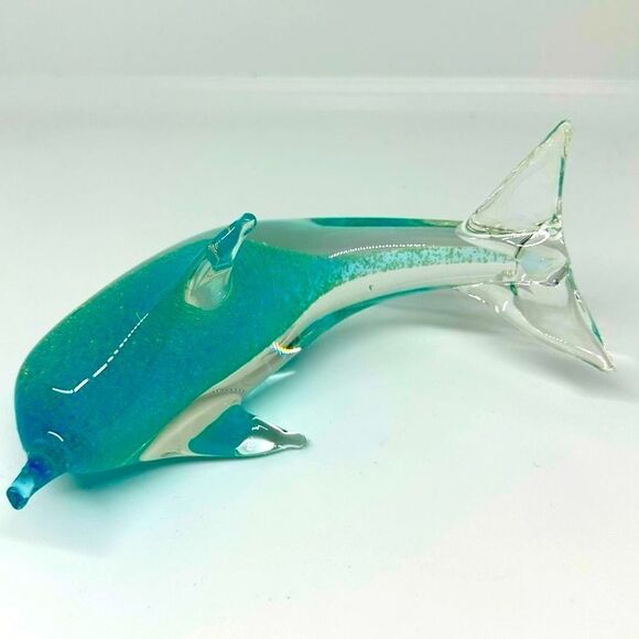 MURANO ART GLASS DOLPHIN PAPERWEIGHT  TURQUOISE BLUE WITH GOLD FLECKS 6” MINT - Picture 3 of 6